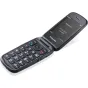 Panasonic KX-TU550EXC suklokštė mobilusis telefonas su 2,8 colio ekranu ir atidarytu klaviatūros langu, matyti taktilė navigacijos mygtukas ir gelbėjimo skambučio mygtukas užpakalinėje dalyje
