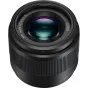 Panasonic Lumix G 25mm f/1.7 ASPH. objektyvo priekis, akcentuojantis objektyvo elementus, ryškią diafragmą ir 46 mm filtrų sriegį Micro Four Thirds kameroms