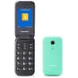Panasonic KX-TU400EXC sulankstomas mobiliojo telefono modelis su žaliu nugariniu dangteliu ir matoma didelė klaviatūra bei telefonų knygos meniu 2,4 colio ekrane