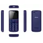 Panasonic KX-TU110 mėlynas mobilusis telefonas su didelėmis mygtukais, ryškiu 1,77 colio TFT ekranu ir tvirtu dizainu, vaizduojamas iš įvairių kampų