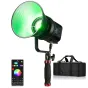 BRESSER BR-135RGB 135W COB LED šviesa su programėlės valdymu, sumontuota ant trikampio, skleidžianti žalią šviesą, su transportavimo krepšiu
