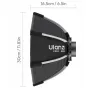 Ulanzi FOLD QS30 Mini Bowens montuojamas minkštas šviesos difuzorius 30 cm sulankstytas, su juodu išoriniu paviršiumi ir sidabriniu atspindinčiu vidumi, su prekės ir modelio pavadinimu ant audinio.