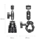 Ulanzi CO78 Super Clamp Kit su dviguba rutulio galva ir trijų žandikaulių spaustukas, demonstruojantis tikslius matmenis ir įvairias montavimo galimybes kameroms, šviestuvams ir priedams.