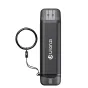 Ulanzi CR3 3-in-1 kortų skaitytuvas juodame aliuminio korpuse su dviem SD/MicroSD slotais ir nuimamu USB kabeliu greitam 200 MB/s duomenų perdavimui