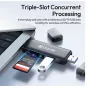Ulanzi CR3 3-in-1 kortų skaitytuvas su USB-C jungtimi, turintis SD ir microSD lizdus, užtikrinantis greitą duomenų perdavimą iki 200 MB/s ir vienu metu kelias kortas skaityti fotografams.