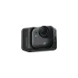 Insta360 GO Ultra juodoji veidrodinė akcinė kamera šoninis vaizdas, pabrėžiantis kompaktišką dizainą, tekstūruotą rankeną ir magnetinį tvirtinimą.
