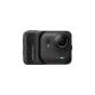 Insta360 GO Ultra juoda spalvos veiksmo kamera, vaizdas iš užpakalinės pusės su tekstūrine rankena ir objektyvo detalėmis, priklausanti Creator Bundle