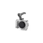 Tilta sidabrinė kameros kėdė Canon R50 V su nuimamu NATO viršutiniu rankena ir ARCA plokšte, priekinis vaizdas, rodantis integruotą ergonomišką rankeną ir objektyvo skyrių