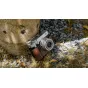 Tilta senovinės odinės fotoaparato kėdė Fujifilm GFX100RF su įmontuota rankena ir nykščio remtu ant natūralios akmeninės žemės su išdžiūvusiomis lapais ir žole.