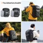 Ulanzi AB01 38L išorinės fotografijos kuprinė su išimamu kameros kubu, rodanti paminkštintus skyrius ir ergonomišką dizainą fotografijos įrangai bei nešiojamam kompiuteriui saugoti