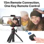 Ulanzi CG-02 smartfono laikiklis su įmontuotu LED papildomu šviesos šaltiniu ir Bluetooth nuotoline valdymo pultu, demonstruojantis 15 metrų belaidžio ryšio diapazoną ir ergonomišką dizainą stabiliai mobiliąjai fotografijai ir v