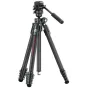 Ulanzi JJ05 anglies pluošto kelionės statyvas visiškai ištiestas su reguliuojamomis kojomis ir greitai atlenkiama plokštele profesionaliam fotografavimui ir vaizdo kūrimui