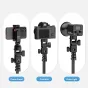 Ulanzi LA04 adapterio suderinami įrenginiai: išmanusis telefonas laikiklyje, DSLR kamera ir vaizdo šviesa, pritvirtinti prie standartinių šviesos stovų, idealiai tinka fotografijai ir vaizdo kūrimo projektams