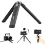 Ulanzi MT-22 metalinis mini statyvas su išslenkiamomis kojomis, talpinantis iki 2,5 kg, idealus veiksmo kameroms ir be veidrodiniams fotoaparatams, vaizduojamas išskleista ir suslėgta forma su suderinamais fotoaparatais
