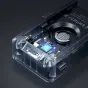 Ulanzi PA03 NP-F baterijos montavimo plokštė su skaidriai matoma viršutine dalimi, rodanti vidinius USB-C ir USB-A portus, schemos plokštės dizainą profesionaliam kameros įrenginiui