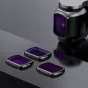 Ulanzi PK-03 magnetinių ND filtrų komplektas DJI Osmo Pocket 3 kamerai su ND16, ND64 ir ND256 filtrais, vaizduojamas atskirai ir pritvirtintas prie kameros objektyvo, kad būtų lengviau valdyti ekspoziciją įvairiose apšvietimo są