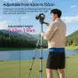 Ulanzi TT39 lengvas aliuminio video statyvas su reguliuojamu aukščiu nuo 42 cm iki 155 cm, su užrakintomis sekcijomis stabiliam fotografavimui prie vaizdingo ežero ir kalnų.