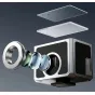 Ulanzi VF01 juosmens vaizdo rodiklis su 28mm objektyvu ir magnetiniu retro objektyvo dangteli, atskleistas dalys, rodantis šalto batų montavimo suderinamumą ir modernų aliuminio dizainą
