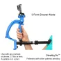 VariZoom StealthyGo stabilizatorius 3 taškų šautuvo režimu su GoPro kameros tvirtinimu, rodantis universalią rankinę paramą sklandžiam vaizdo filmavimui