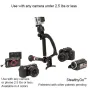 VariZoom StealthyGo stabilizatorius, suderinamas su GoPro ir išmaniaisiais telefonais, rodomas įvairiose konfigūracijose, įskaitant rankinį, stovą ir monopodą stabiliai vaizdo įrašams. Lengvas ir vandeniui atsparus dizainas, tin