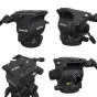 Varizoom VZCINETRACMASTER profesionalus dolio komplektas su šlifuote FH100 galva, TC-100A stoviu ir lenktine bėgiu sistema, rodoma iš skirtingų kampų, užtikrinant lygius kameros judesius