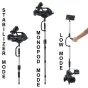 VariZoom VZFPC FlowPod 3-i-vienetis stabilizatorius veikimo metu: stabilizatoriaus, monopodo ir žemo režimo režimai su kameromis, rodomos įvairios rankinės paramos galimybės profesionalioms kameroms iki 19 svarų