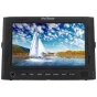 Varizoom VZM7 7 colų HDMI monitorius su 1024x600 skiriamosios gebos, priekis rodantis įjungtą ekraną su ryškiais vaizdais ir valdymo mygtukais, skirtais ryškumo, kontrasto, meniu navigacijos, proporcijos, kameros nustatymų ir ga