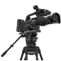 Varizoom VZTK100A profesionalus video statyvas su FH100 skysčio galva ir teleskopine panaramine rankena, šono vaizdas rodo aliuminio kojas, išskleidžiamą pagrindą ir greito atleidimo plokštelę kameroms iki 15 svarų