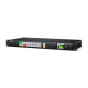 Blackmagic Design ATEM Monitoring Rack Panel 20 su 20 apšviestais mygtukais, LCD ekranu, rodyti bangų monitorių 'Kamera 1', valdymo rankenėlėmis ir HDMI, SDI, Ethernet bei talkback jungtimis juodame rack-montuojamame korpuse su 