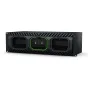 Blackmagic Design Media Dock Ultra priekis su elegantišku juodu dizainu, trim Blackmagic Media modulių vietomis ir apšviestais būsenos indikatoriais, įskaitant išskirtą žalią vidurinį slotą.