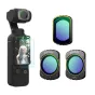 MOVMAX magnetinis filtrų komplektas DJI Osmo Pocket 3 su VND2-32, CPL ir juodo miglos filtrais, rodomas su kamera ir atskirų filtrų vaizdais
