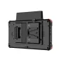 Vaxis STORM 072 PRO 7 colių bevielio kamerinio monitoriaus atgalinė pusė su V-Mount, keliais 1/4-20 sriegiais montavimo taškais ir 2-pin LEMO maitinimo jungtimi profesionaliam vaizdo filmavimui
