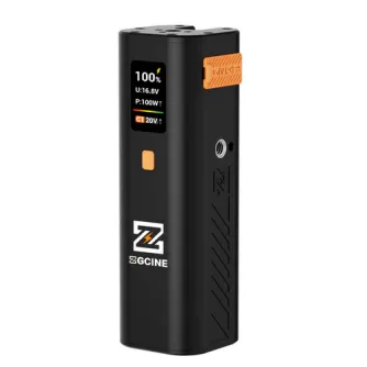 ZGCINE ZG-H50 baterijos rankena su 65 W USB-C PD įvestimi/išvestimi, D-Tap 14.8 V portu ir OLED ekranu, rodančiu 100% užkrovą, įtampą (16.8 V), galią (100 W) ir 20 V prijungimo indikatorių