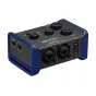 Zoom AMS-24 garso sąsaja su 2 XLR/TRS įėjimais ir 4 išėjimais, skirta muzikos įrašymui ir transliacijai, turinti Music/Streaming režimo perjungimo mygtuką ir tiesioginio monitoravimo funkcijas.