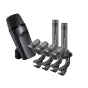 Sennheiser e 600 serijos būgnų mikrofonų komplektas su e 602-II būgno mikrofonu, keturiais e 604 snaro ir tomo mikrofonais bei dviem e 614 kondensatorių viršūninių mikrofonų, rodomi su tvirtinimo klipais gyvam pasirodymui ir stu