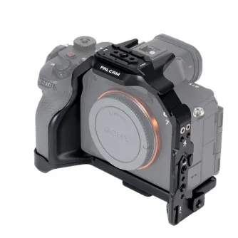 Falcam F22 F38 F50 greitas išimamos kameros rėmelis Sony a7M5/A7R5/A7M4 - juodas aliuminio rėmas su moduline šonine plokšte, neslystančia danga ir daugybe priedų montavimo taškų profesionaliems įrenginiams
