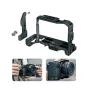 Falcam F22 F38 F50 greitas išimamos kameros karkasas Sony a7C II - juodo aliuminio karkasas su nuimamu šoniniu skydeliu, daugybe ARRI tipo montavimo sriegių ir saugiu dvitaškiu kameros užfiksavimu, rodoma išmontuota ir sujungta 
