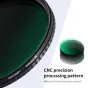 K&F Concept 82mm Nano-X keičiamojo ND filtrą su CNC precizijos apdorotu kraštu, lygiu juodu rėmu, priekis rodantis žaliu optinį stiklą ilgos ekspozicijos fotografijai