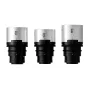 Blazar Remus-M 1.5x pilnakadrinių anamorfinių objektyvų komplektas (33mm, 50mm, 85mm) Sony E Mount kameroms, su klasikinio kinematografinio dizaino ir sidabriniais atspindžiais.
