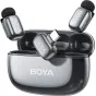 Boya mini 2-02 bežiedinio mikrofono komplektas su USB-C priimtuoju, dviem kompaktiškais perdavikliais ir atidaryta įkrovimo dėžutė, rodanti 30 valandų baterijos talpą.