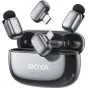 Boya mini 2-01 bevilkio mikrofonų komplektas su USB-C ir Lightning priimtikliais atidarytame įkrovimo dėkle, su ultrakompaktiškais siųstuvais ir aukštos kokybės profesionaliam mobiliajam įrašymui
