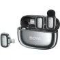 Boya bevielio mikrofono mini 2-01 komplektas su atvira įkrovimo dėžute, Lightning imtuvu ir dviem kompaktiškais siųstuvais iOS ir USB-C įrenginiams