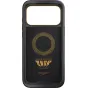 Peak Design GNAR iPhone 17 Pro Max apvalkalas - tvirtas juodos spalvos su auksiniu liepsnos motyvais, ultraplonas apsauga ir apdirbti aliuminio mygtukai aktyviam poilsiui