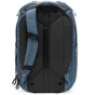 Kelionės krepšys Peak Design 45L vandenyno mėlyno spalvos, priekis, demonstruojantis atsparią atnaujintą 400D nilono konstrukciją su išplėstinu pagrindiniu skyriumi ir keliais išoriniais kišenėmis.