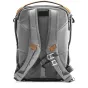 Peak Design Everyday Backpack V2 20L pilkos spalvos, atidarytas užpakalinės durys, demonstruojančios FlexFold skyde ir UltraZip užraktais, skirtas praktiškai organizuoti kelionių reikmenis.