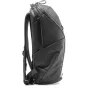 Peak Design Everyday Backpack Zip V2 20L juodas šoninis vaizdas su atspariu 400D atkurtam nylonu ir Cord Hook juostomis, idealus miesto ir fotografijos reikmenų nešimui
