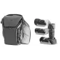 Peak Design Everyday Backpack V2 20L juodas spalvos su fotokamera ir objektyvais viduje, rodantis vidinį organizavimą ir objektyvų saugojimo galimybes