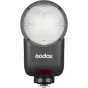 Godox V1 Mid blykstei Fujifilm, kompaktiškas profesionalus blykstės įrenginys su apvaliu difuzoriumi, Godox logotipu, raudonu jutikliu ir tvirtinimo koja.