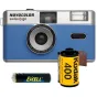 Novocolor Swiss+Go 35mm filmo kamera mėlyna su įmontuotu blykste, Kodak 400 filmo rulonu ir AAA baterija komplekte