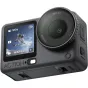 DJI Osmo Action 6 veiksmo kamera su priekinio objektyvo ir lietimui jautriu ekranu, rodantis 4K vaizdo įrašymo sąsają, F2.0-4.0 diafragmos nustatymus ir slidinėjimo vaizdo įrašą